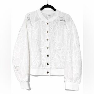 Storia White Floral Lace Bomber Jacket with Silver Snap Closure